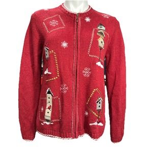 Croft‎ & Barrow Medium Winter Birdhouse Cardinal Zip Up Red Cardigan